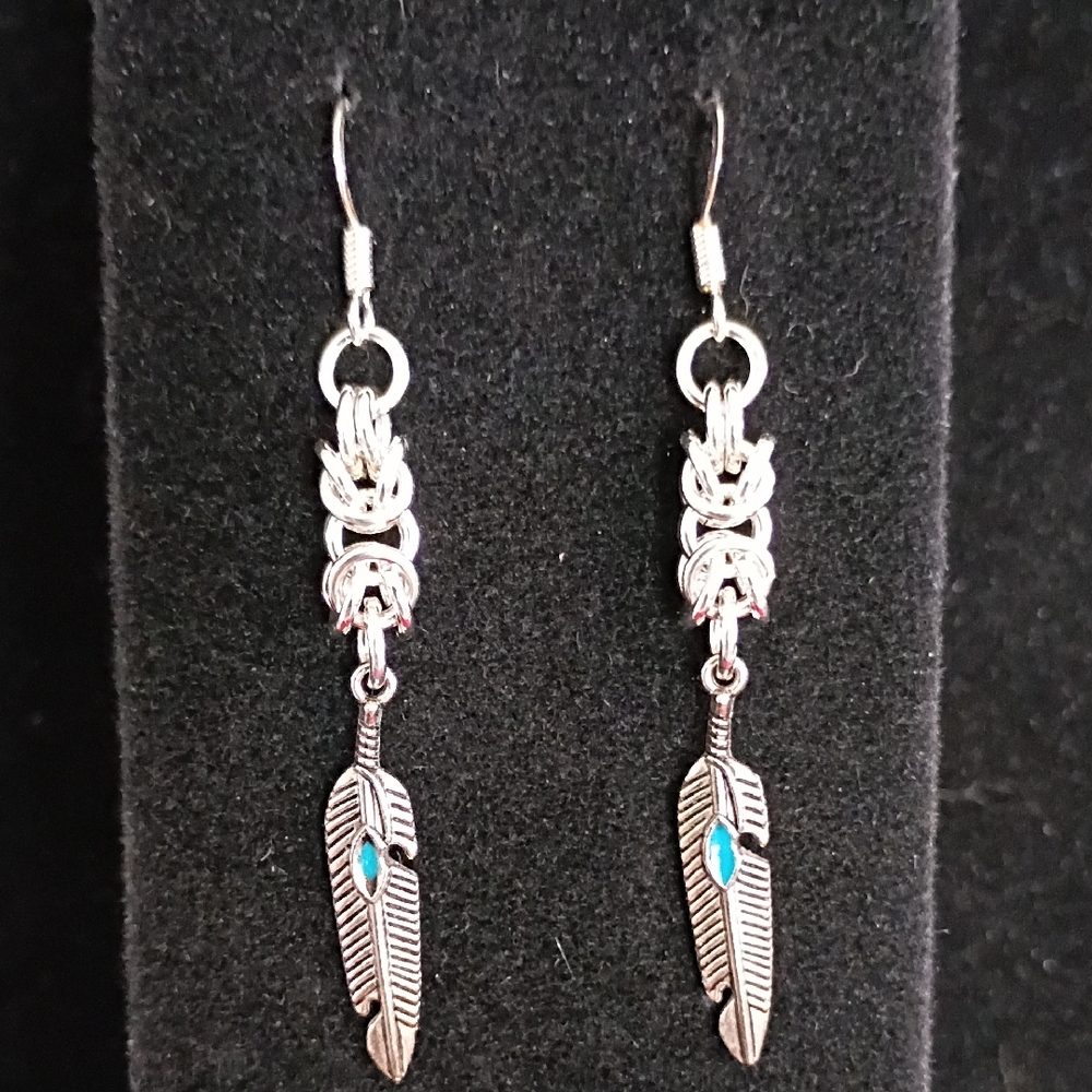Silver Feather Earrings with Turquoise Accents - Picture 1 of 2